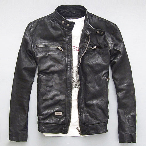 Men's Leather Slim-fit Motorcycle Goatskin Leather Jacket Cowhide