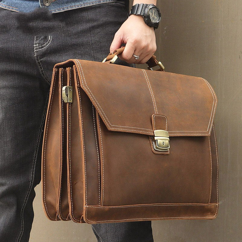 Crazy Horse Leather Briefcase Business mens briefcase cowhide layer Handbag Business Briefcase   Multifunctional Briefcase