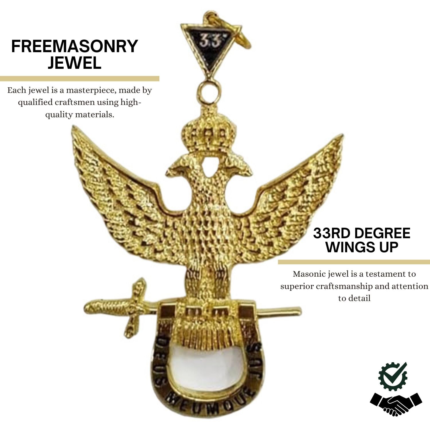 Scottish Rite 33rd Degree Masonic Jewel - Wings Up -Premium Quality Masonic Regalia