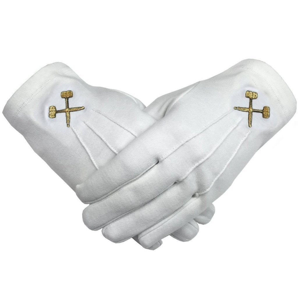 Masonic Crossed Trowels Machine Embroidery White Cotton Gloves (2 Pairs)