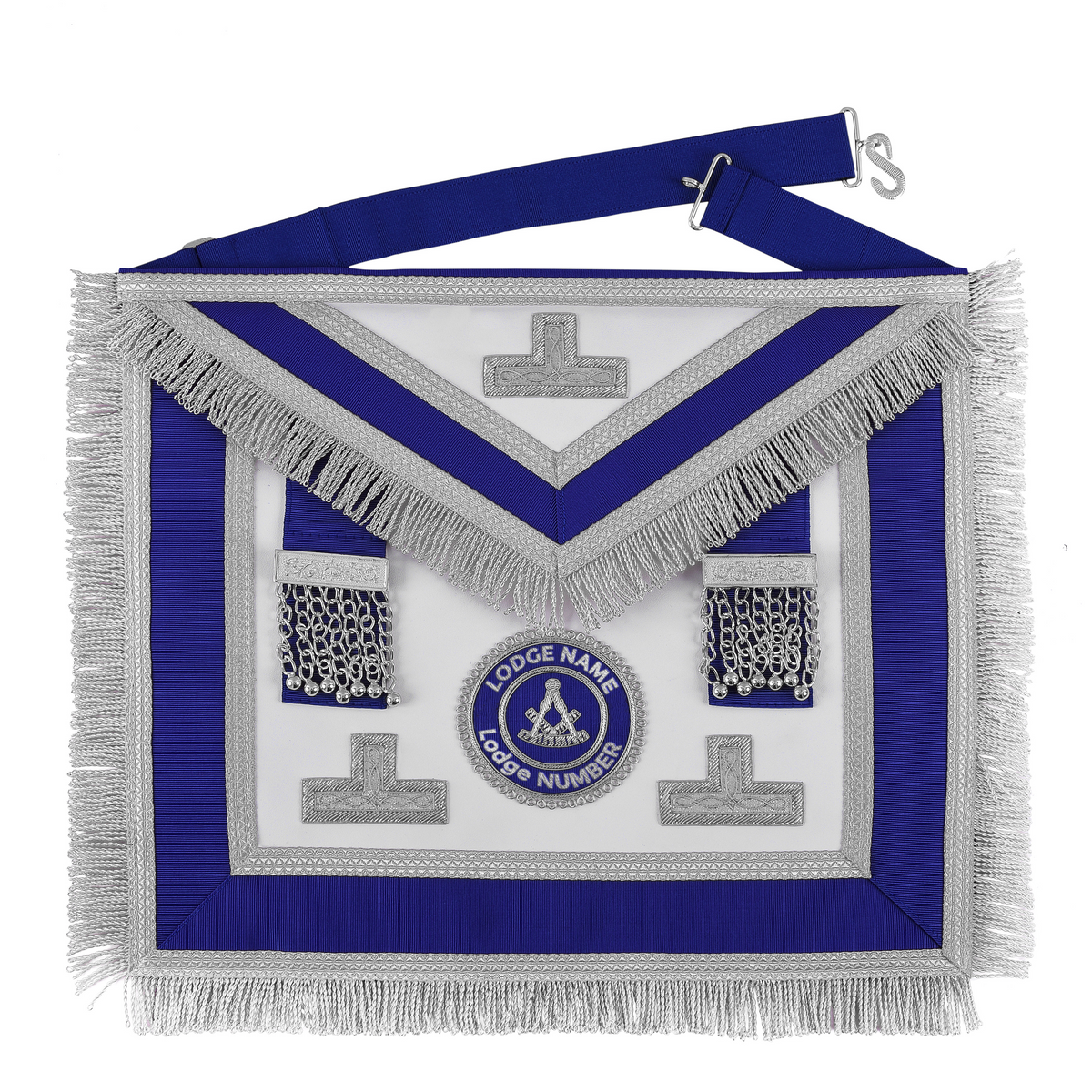 Past Master Blue Lodge Apron - Royal Blue Ribbon With Silver Fringe & Chain Tassels