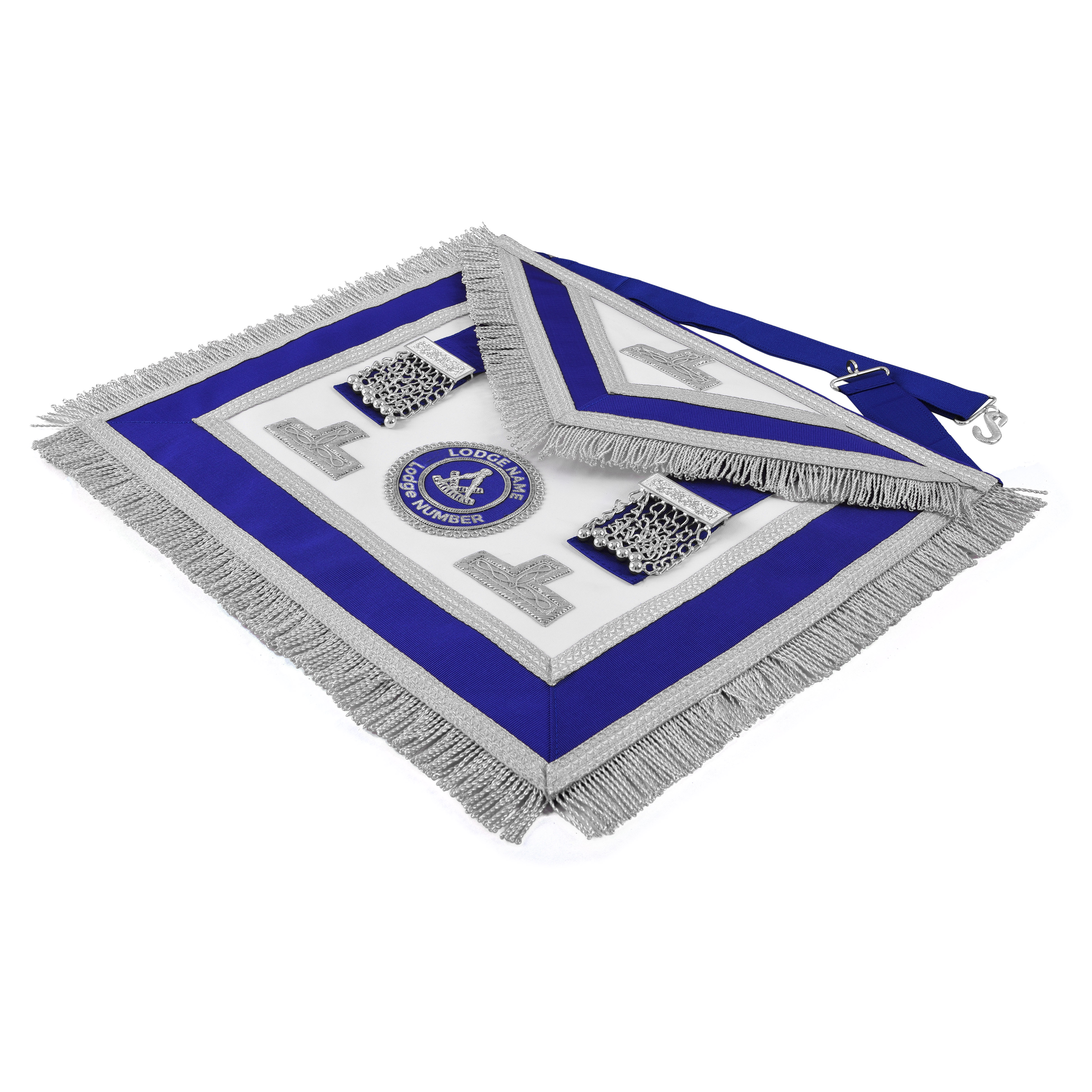 Past Master Blue Lodge Apron - Royal Blue Ribbon With Silver Fringe & Chain Tassels