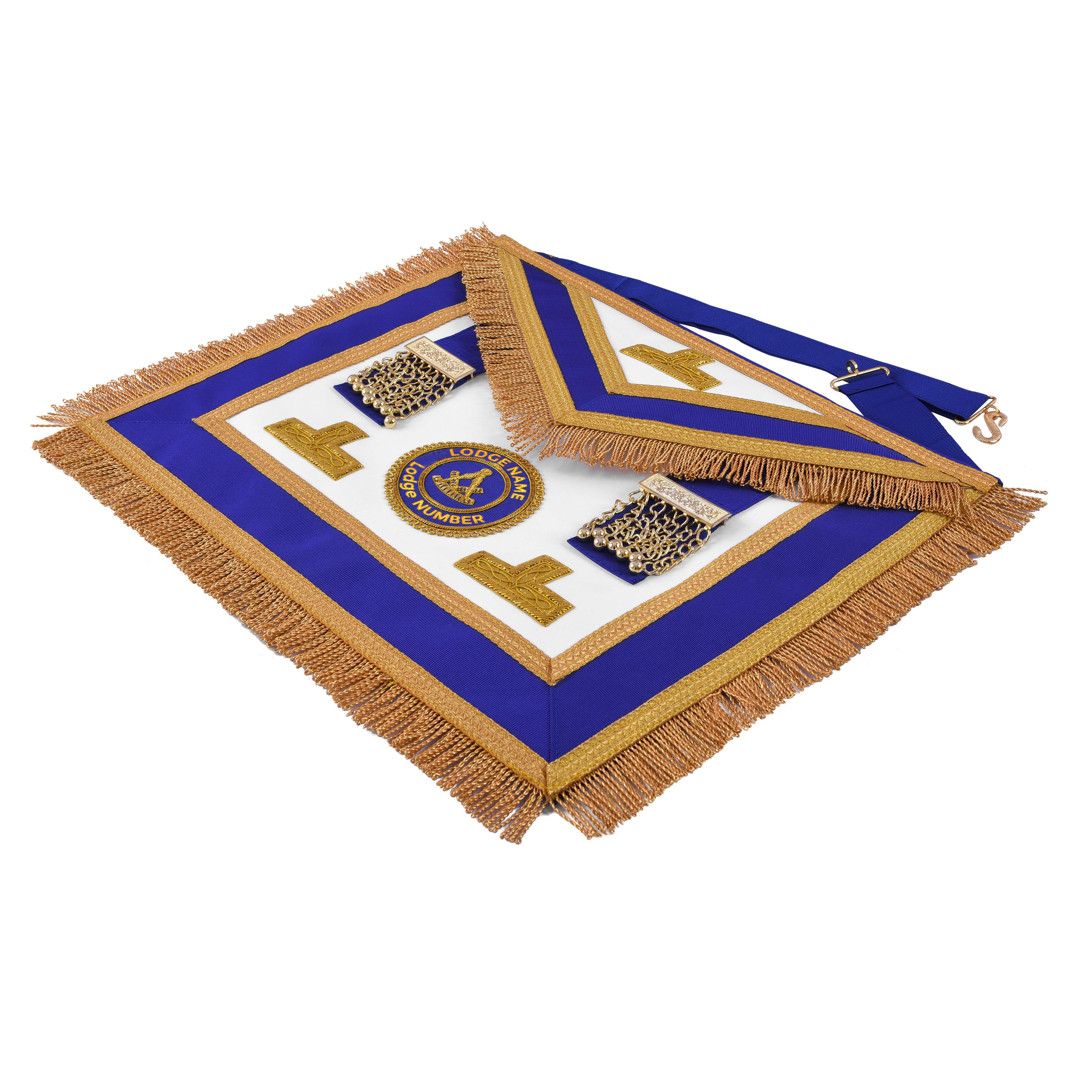 Past Master Blue Lodge Apron - Blue Ribbon With Hand Embroidery Bullion And Chain Tassels