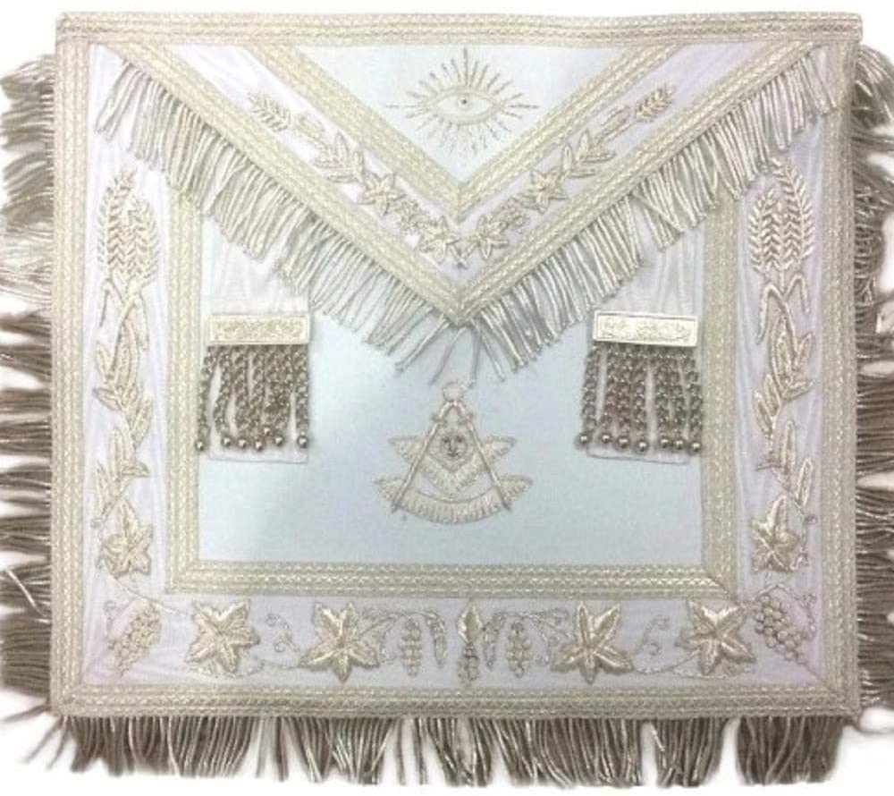 Masonic White Blue Lodge Past Master Apron Hand Embroidered Bullion Vine