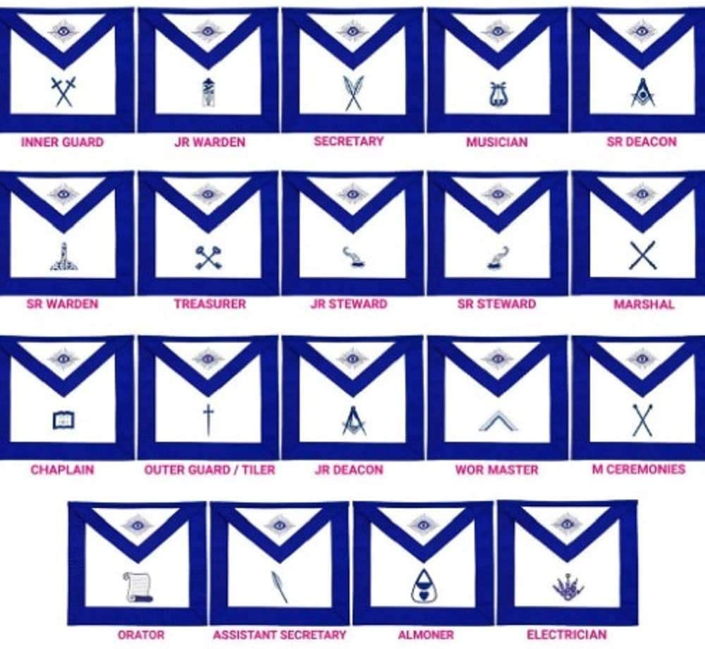 Masonic Blue Lodge Officers Aprons Variations - Set of 19