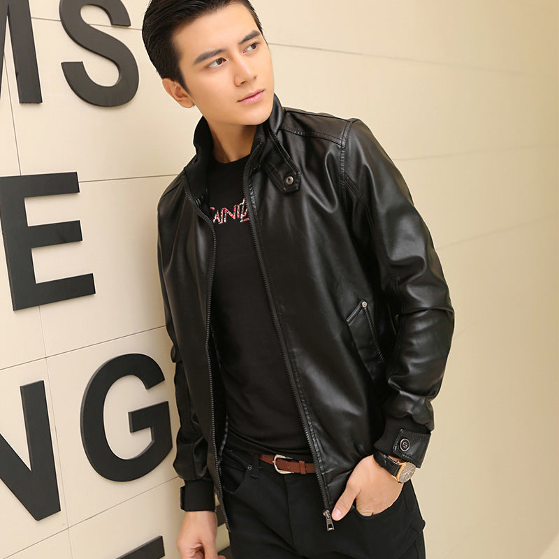 Stand-up collar Leather padded leather jacket-Leather jacket for mens