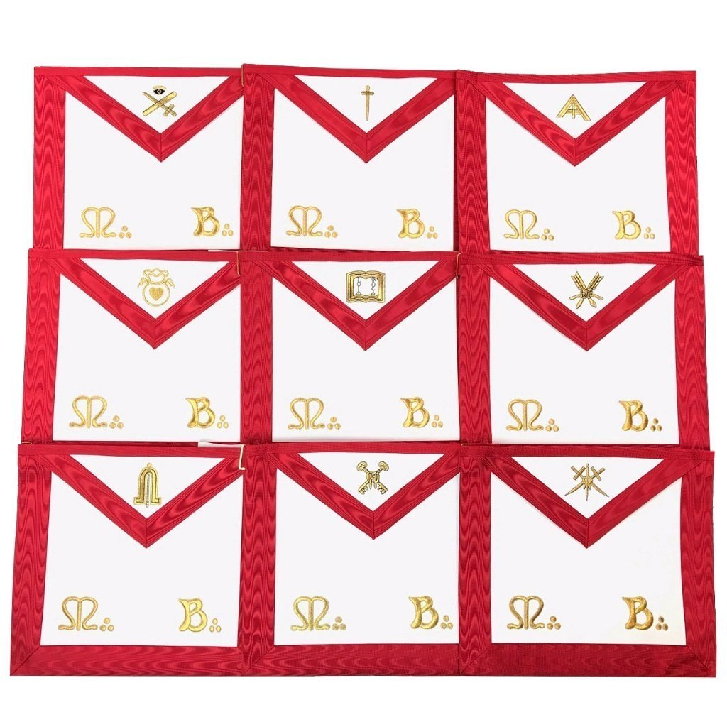 Officers Scottish Rite Officer Apron Set - Royal Red Moire Ribbon Machine Embroidery - Set of 9