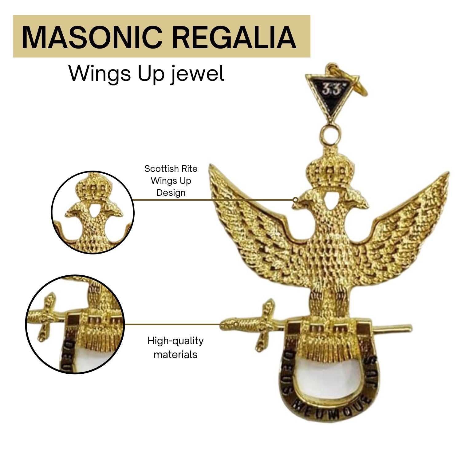 Scottish Rite 33rd Degree Masonic Jewel - Wings Up -Premium Quality Masonic Regalia