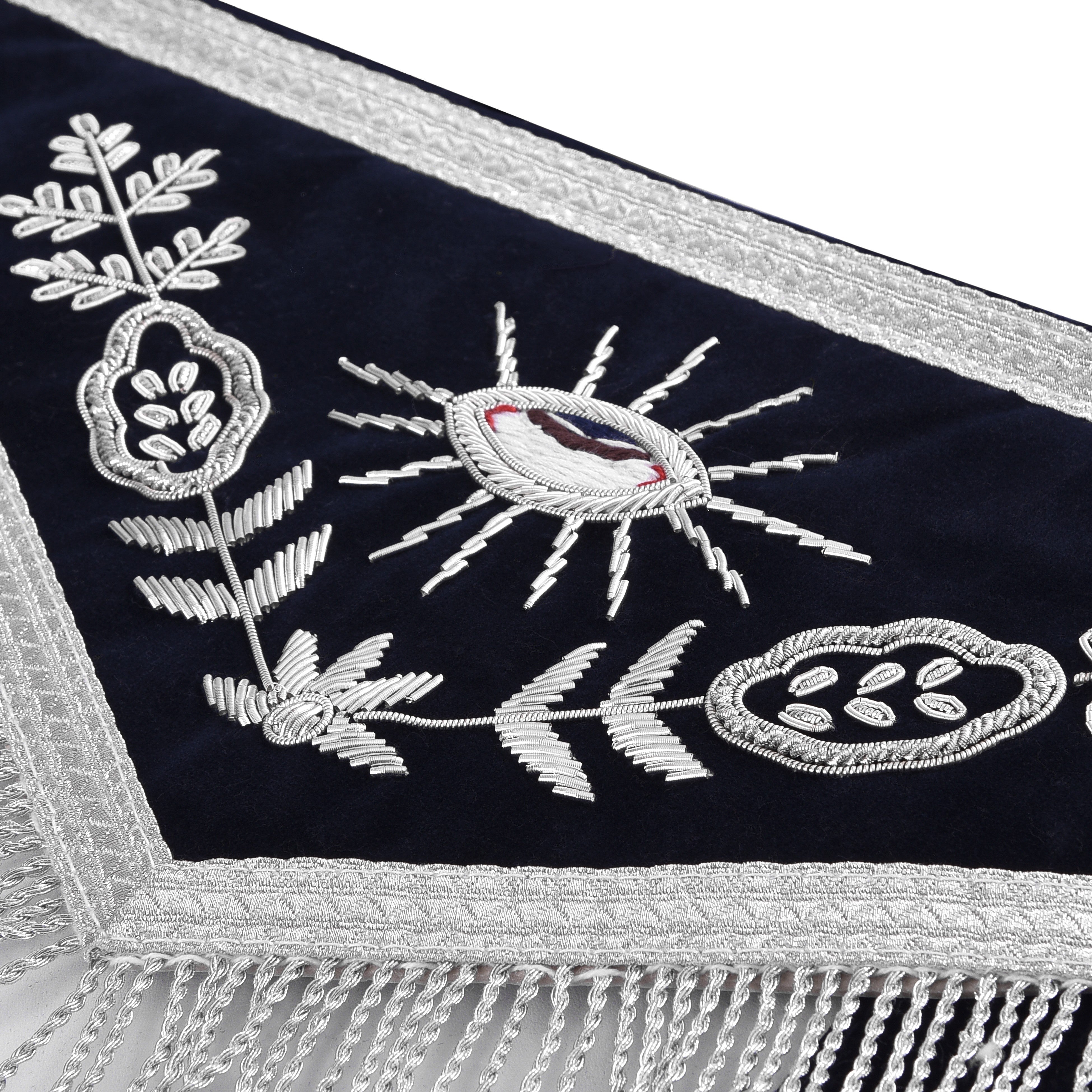 Senior Warden Blue Lodge Officer Apron - Dark Blue With Silver Hand Embroidery Bullion