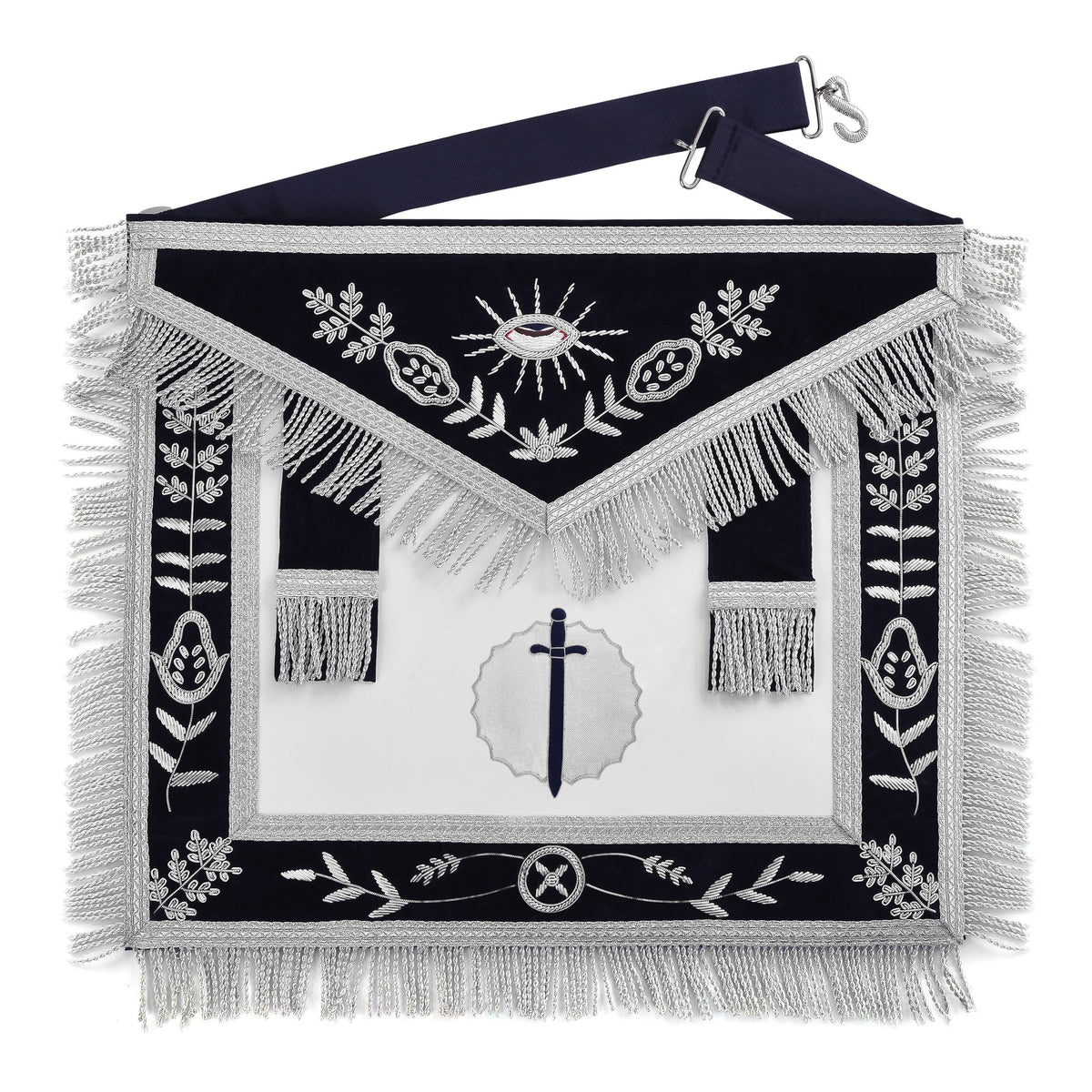 Tyler Blue Lodge Officer Apron - Dark Blue With Silver Hand Embroidery Bullion