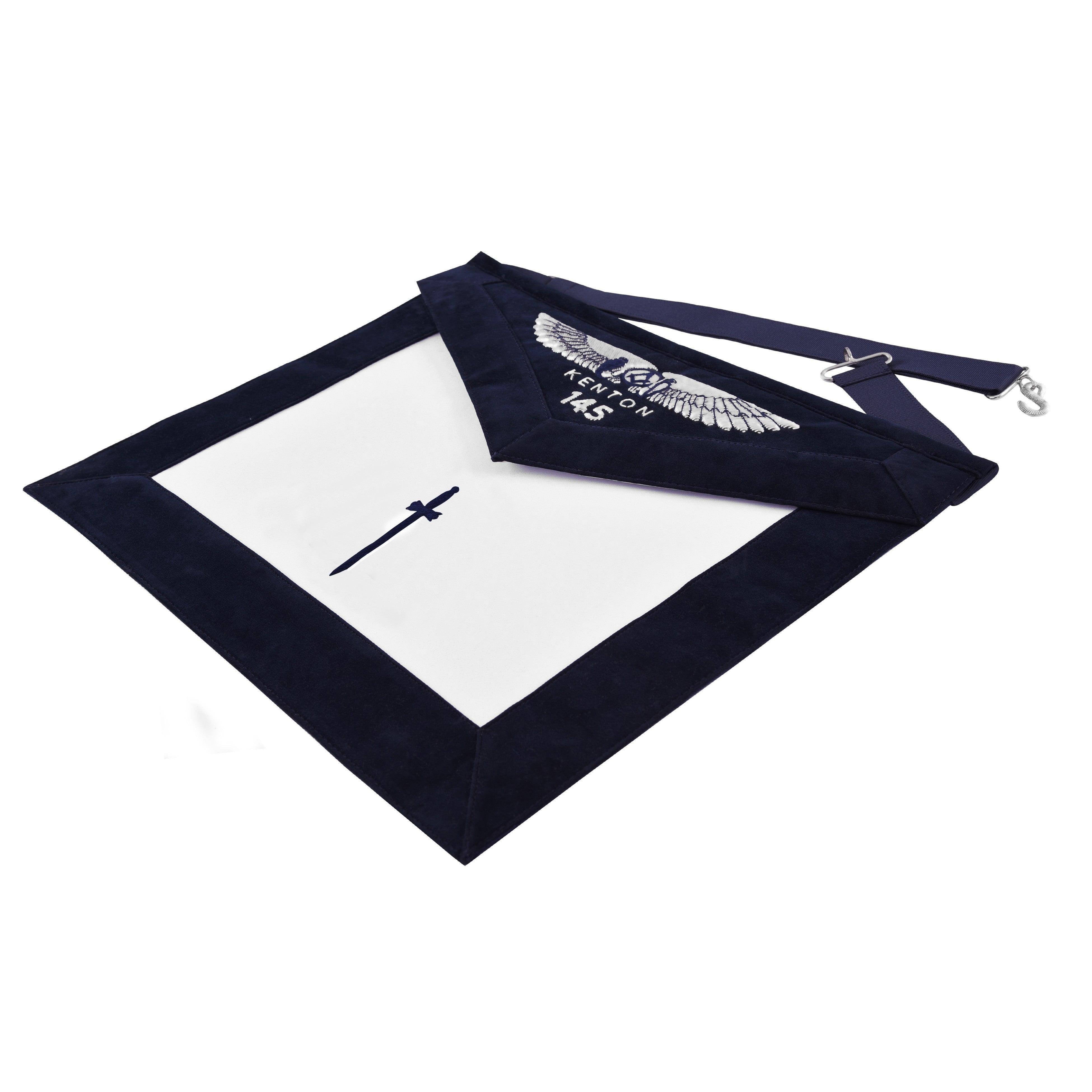 Tyler Blue Lodge Officer Apron - Kenton Lodge Navy Velvet With Silver Embroidery Thread