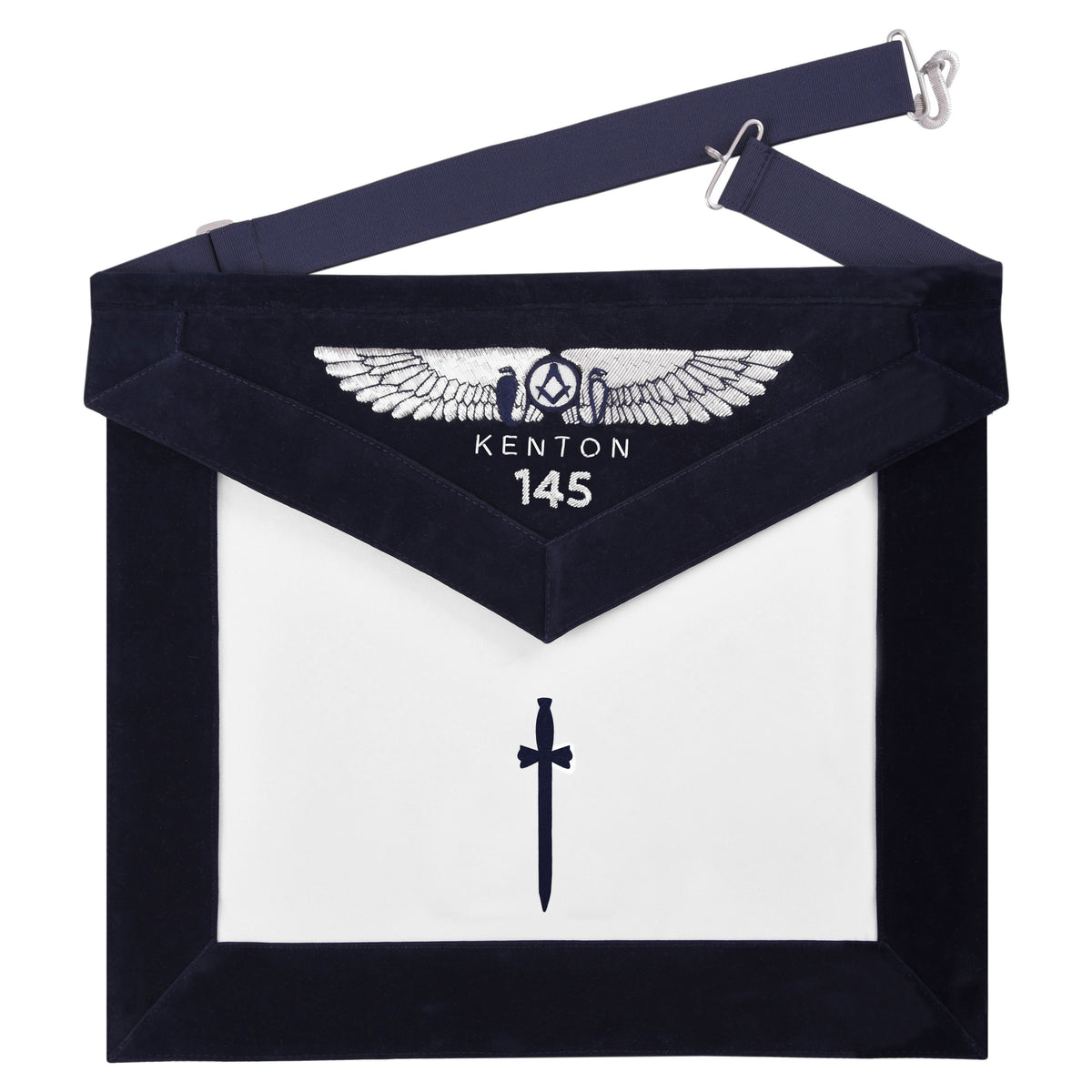 Tyler Blue Lodge Officer Apron - Kenton Lodge Navy Velvet With Silver Embroidery Thread