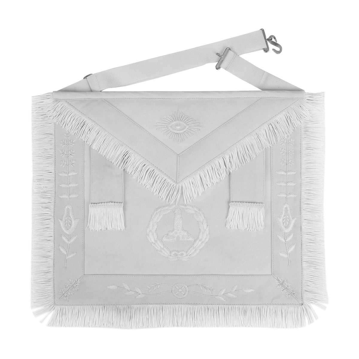 Senior Warden Blue Lodge Officer Apron - Hand Embroidery With White Fringe & Side Tabs