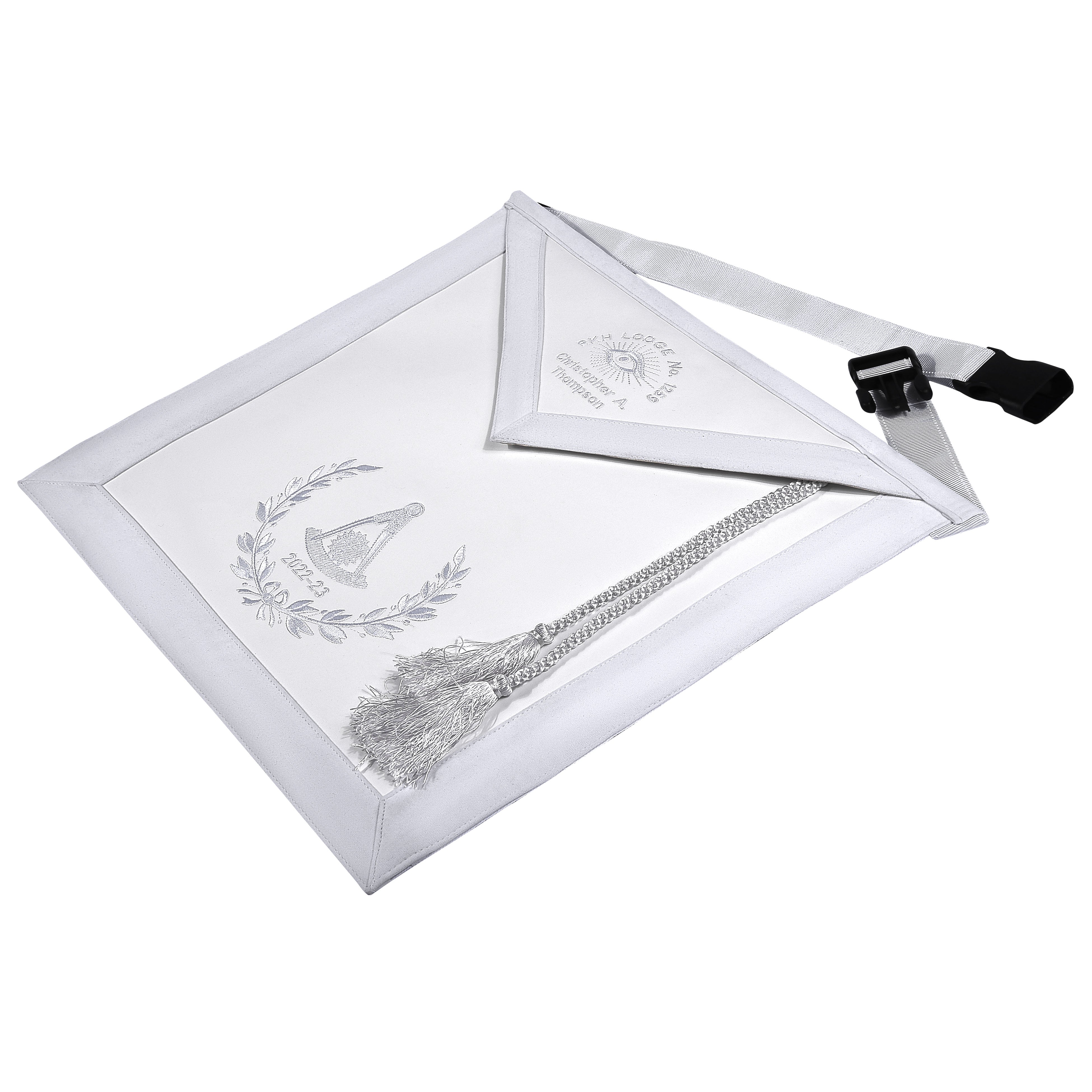 Grand Past Master Blue Lodge California Regulation Apron - White Velvet Hand Threaded Silk