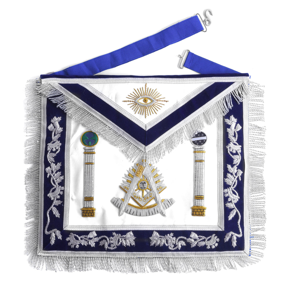 Past Master Blue Lodge California Regulation Apron - Blue & Gold Hand Embroidery Bullion With Pillars