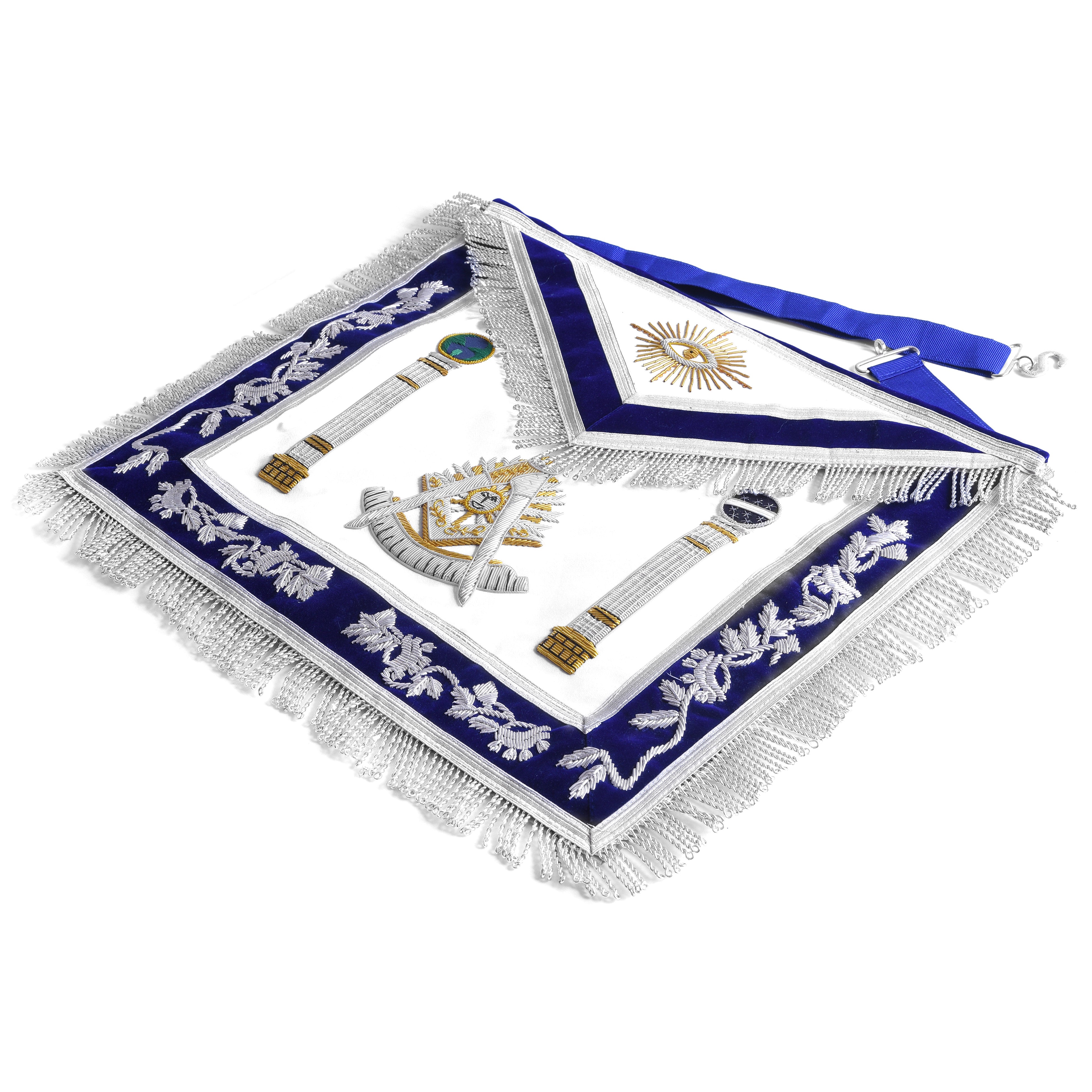 Past Master Blue Lodge California Regulation Apron - Blue & Gold Hand Embroidery Bullion With Pillars