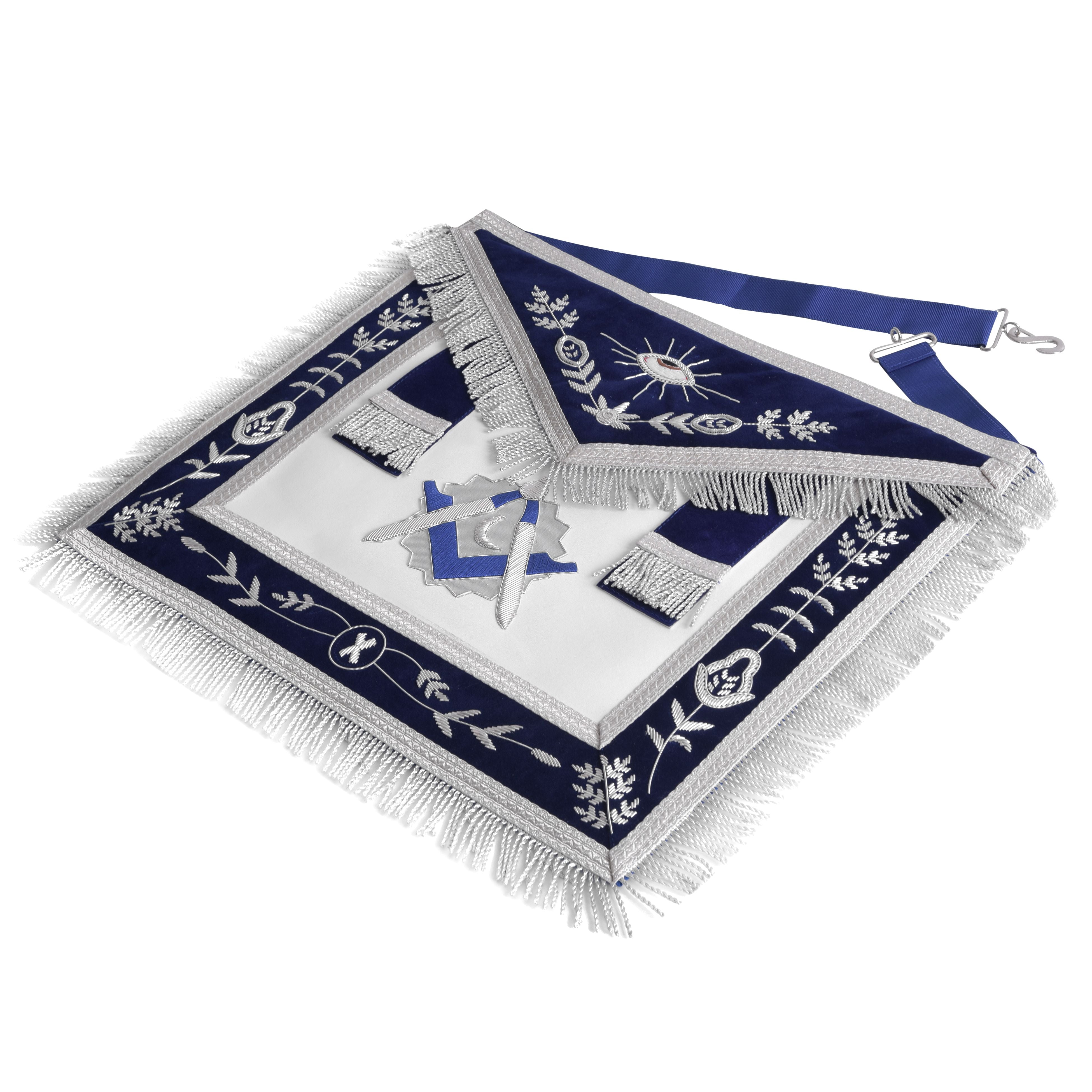 Junior Deacon Blue Lodge Officer Apron - Navy Blue Velvet With Silver Side Tabs