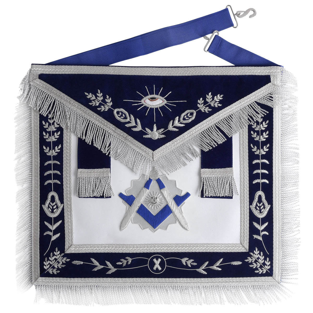 Senior Deacon Blue Lodge Officer Apron - Navy Blue Velvet With Fringe & Side Tabs