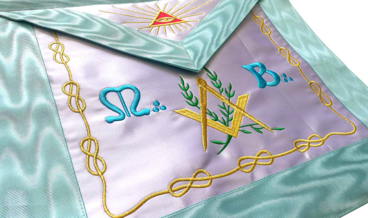 Master Mason Blue Lodge French Apron - Sky Blue Silk & Moire Machine Embroidery