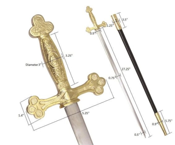 Masonic Ceremonial Sword Square Compass Gold Hilt + Free Case