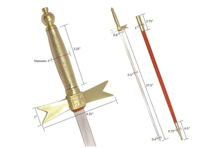 Masonic Knights Templar Sword with Gold Hilt and Red Scabbard 35 3/4" + Free Case