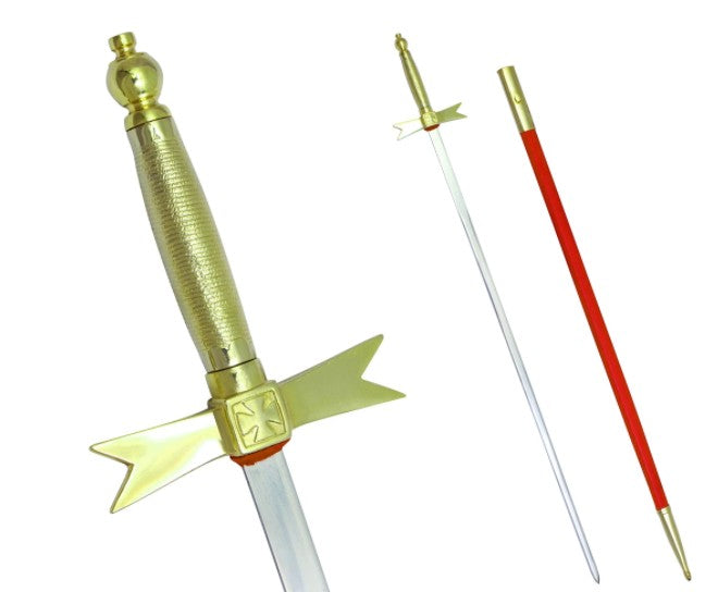 Masonic Knights Templar Sword with Gold Hilt and Red Scabbard 35 3/4" + Free Case