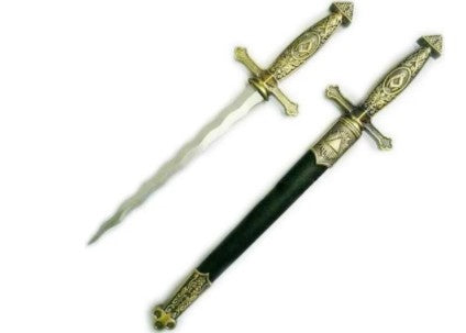 Square Compass Brass Masonic Sword Knife Snake Flaming Blade / Black Scabbard 15.5"