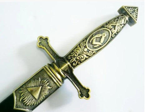 Square Compass Brass Masonic Sword Knife Snake Flaming Blade / Black Scabbard 15.5"