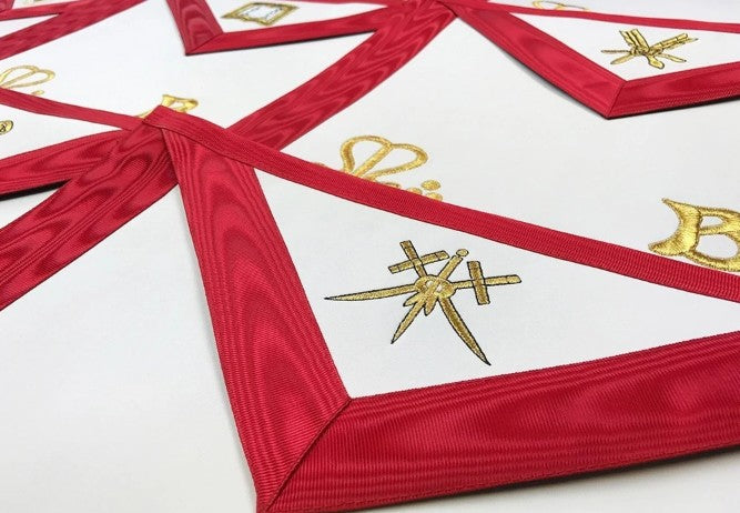 Officers Scottish Rite Officer Apron Set - Royal Red Moire Ribbon Machine Embroidery - Set of 9