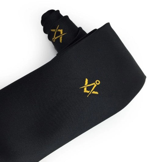 Masonic Regalia Masons Black Silk Tie with Gold embroidered Square Compass Logo