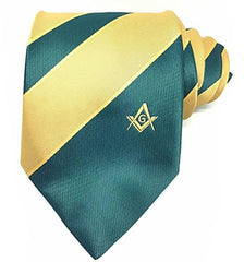 Masonic Masons Green and Yellow Tie with Square Compass & G