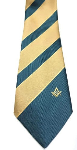 Masonic Masons Green and Yellow Tie with Square Compass & G