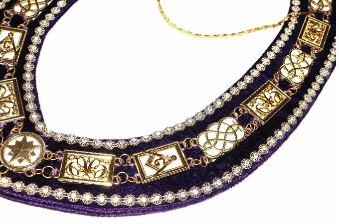 Grand Lodge - Rhinestones White Filling Chain Collar - Gold/Silver on Purple Velvet