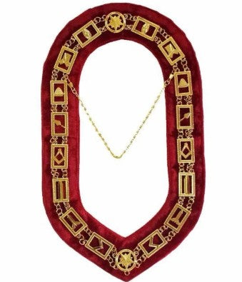 Blue Lodge Working Tools - Masonic Chain Collar - Gold/Silver on Red + Free Case