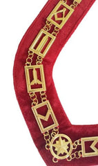 Blue Lodge Working Tools - Masonic Chain Collar - Gold/Silver on Red + Free Case