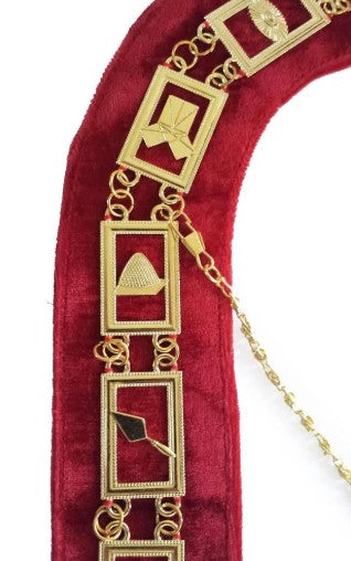 Blue Lodge Working Tools - Masonic Chain Collar - Gold/Silver on Red + Free Case