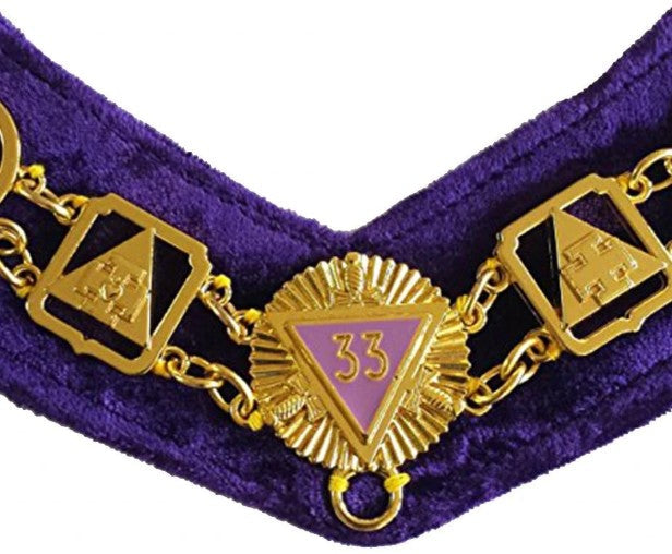 33rd Degree - Masonic Regalia Chain Collar - Gold/Silver on Purple + Free Case