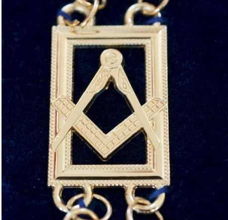 Blue Lodge Square Compass Chain Collar - Gold/Silver on Blue + Free Case