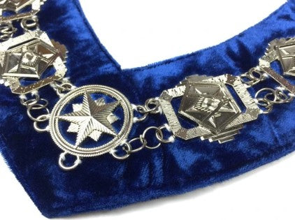 OES - Masonic Compass Square Chain Collar - Gold/Silver on Blue + Free Case