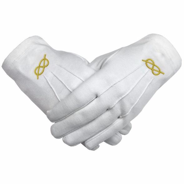 Masonic Gold knot Machine Embroidery White Cotton Gloves (2 Pairs)