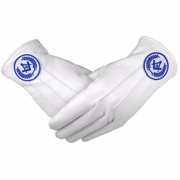 Masonic Regalia White Soft Leather Gloves Square Compass & G Blue