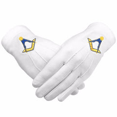 Masonic Cotton Gloves Machine Embroidery Yellow Square and Compass (2 Pairs)