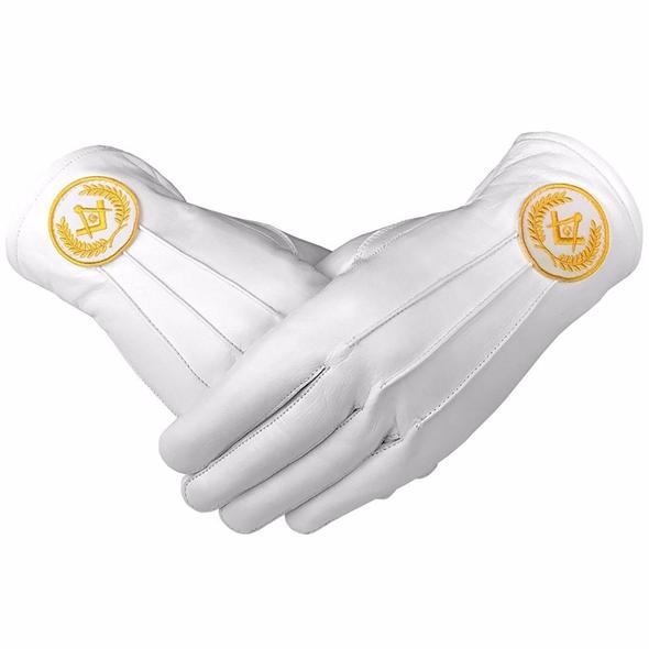 Masonic Regalia White Soft Leather Gloves Square Compass & G Yellow