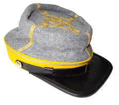 Civil War CS Cavalry Captain's Leather Peak kepi, Grey/Yellow Band 2 rows braids