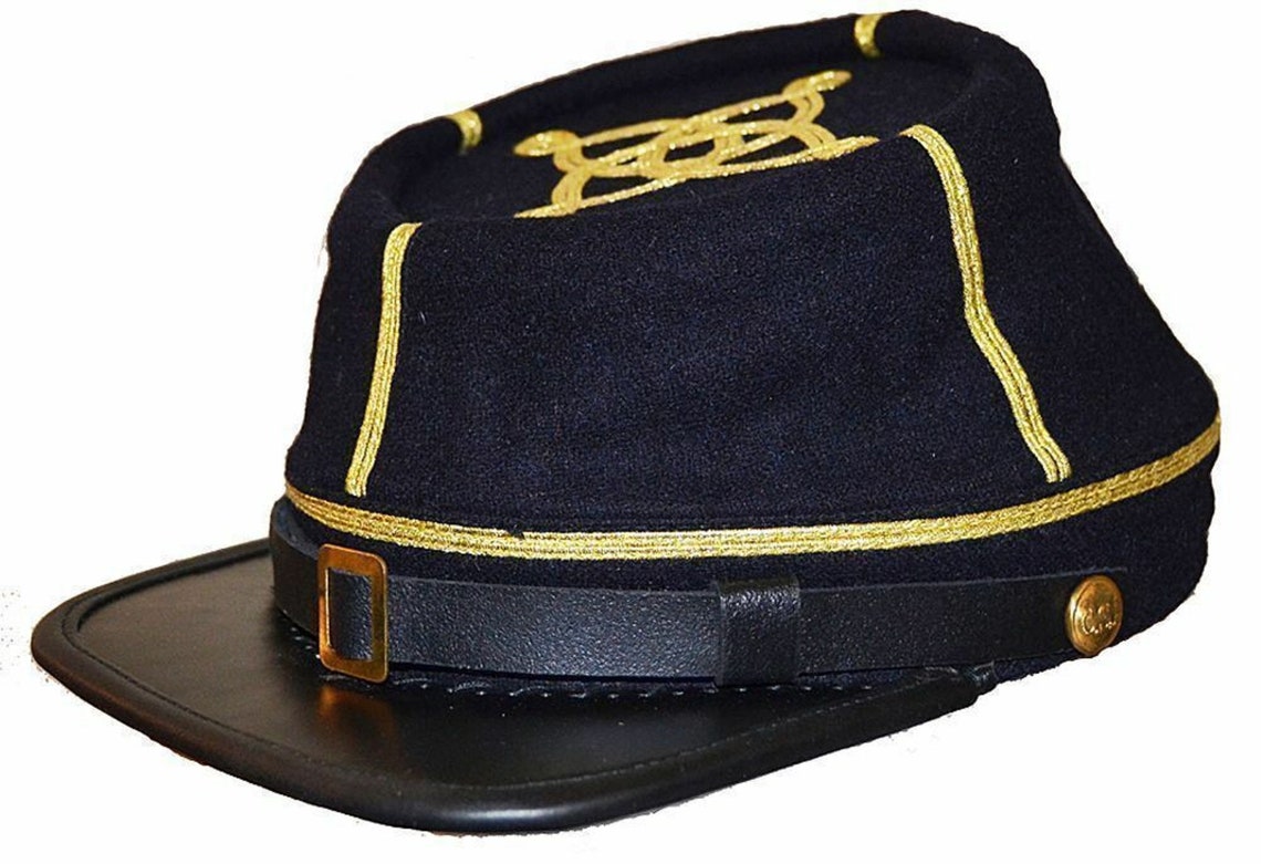 Civil War Confederate/union Leather Peak Captain's Kepi Cap-2 Gold Braids