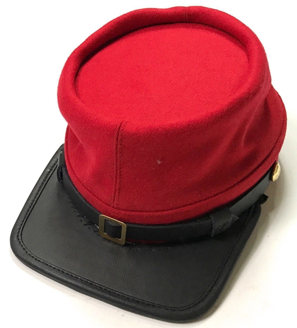 Civil War Artillery Officers Leather Peak Kepi, Complete Red Plain Kepi