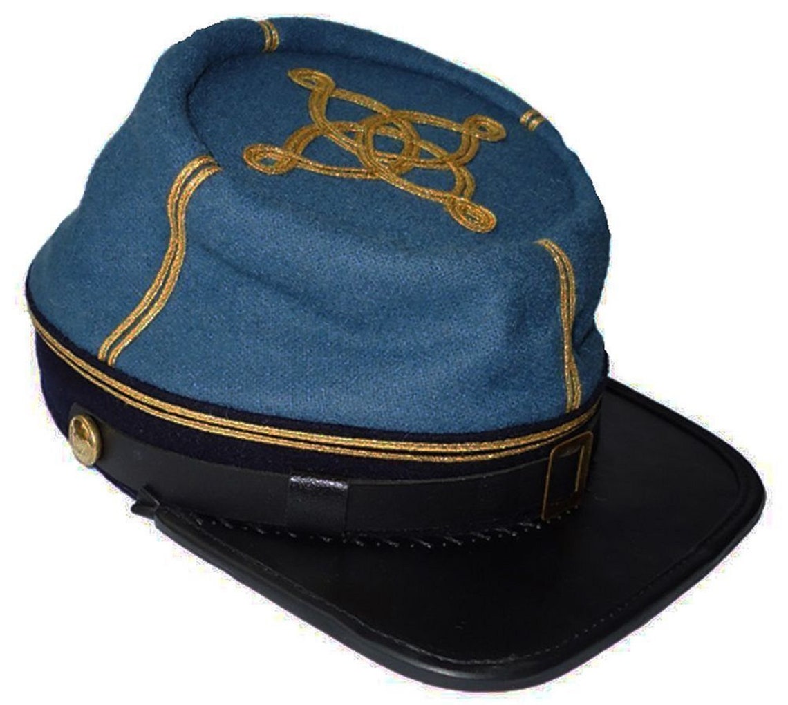 Civil War Infantry Pattern Leather Peak Captain's Kepi, Sky Blue/Black 2 rows