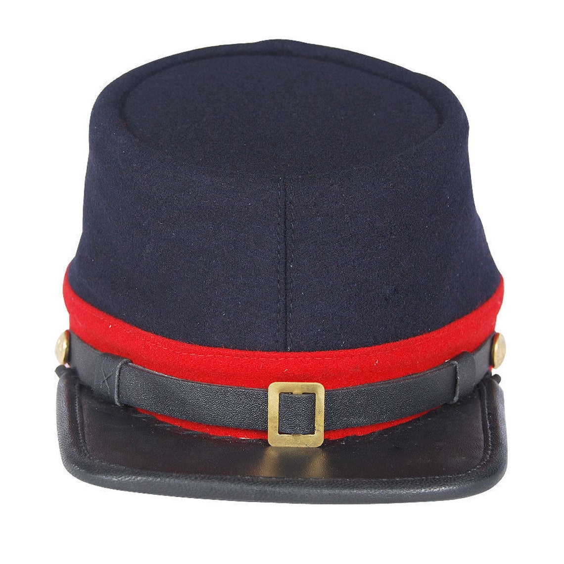 Civil War Union Artillery Leather Peak Plain Kepi, Navy Blue with Red Band Hat