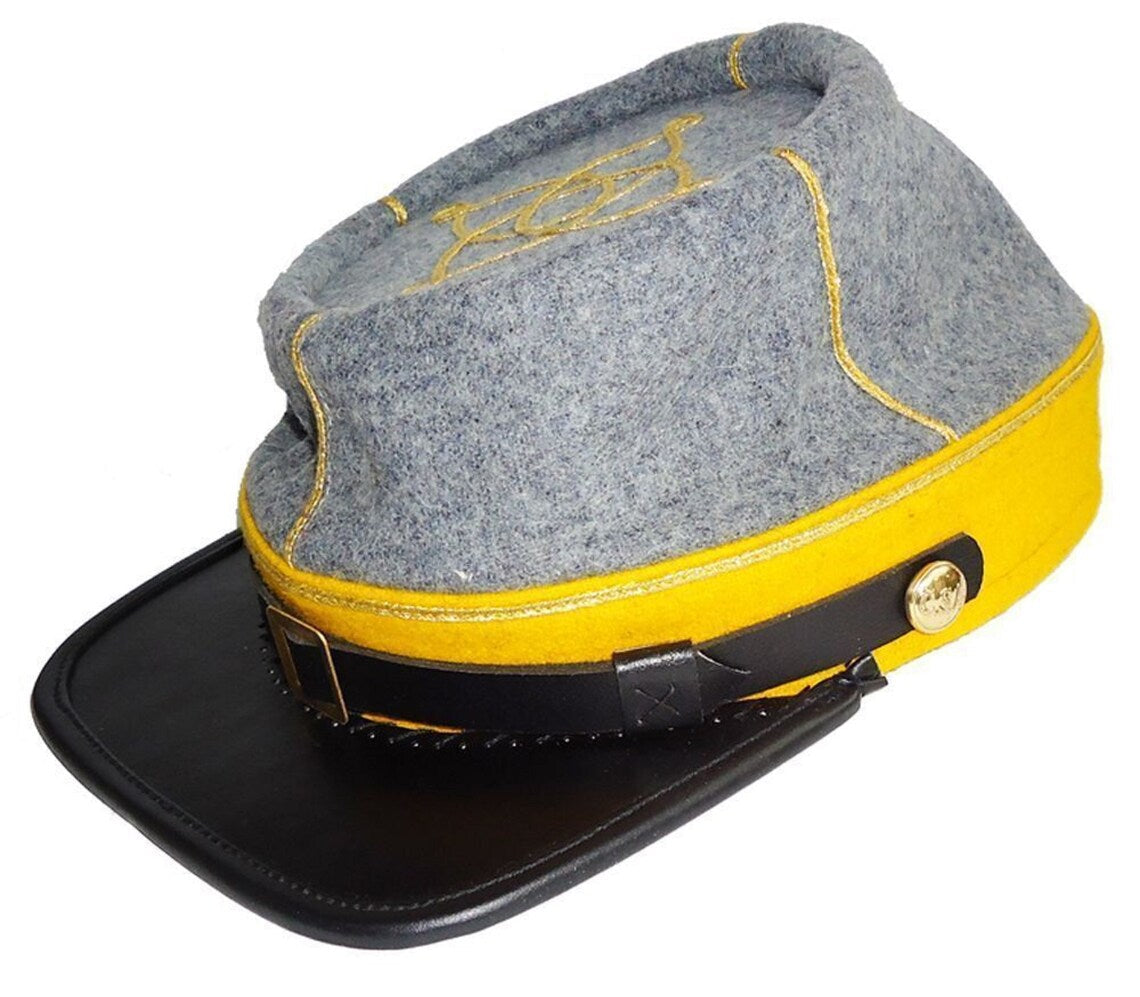 Civil War Cavalry 1st 2nd Lieutenant's Leather Peak kepi,Grey/Yellow 1 row braid