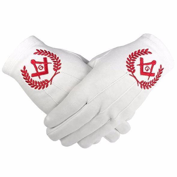 Masonic Regalia 100% Cotton Gloves Square Compass and G - Red  (2 Pairs)